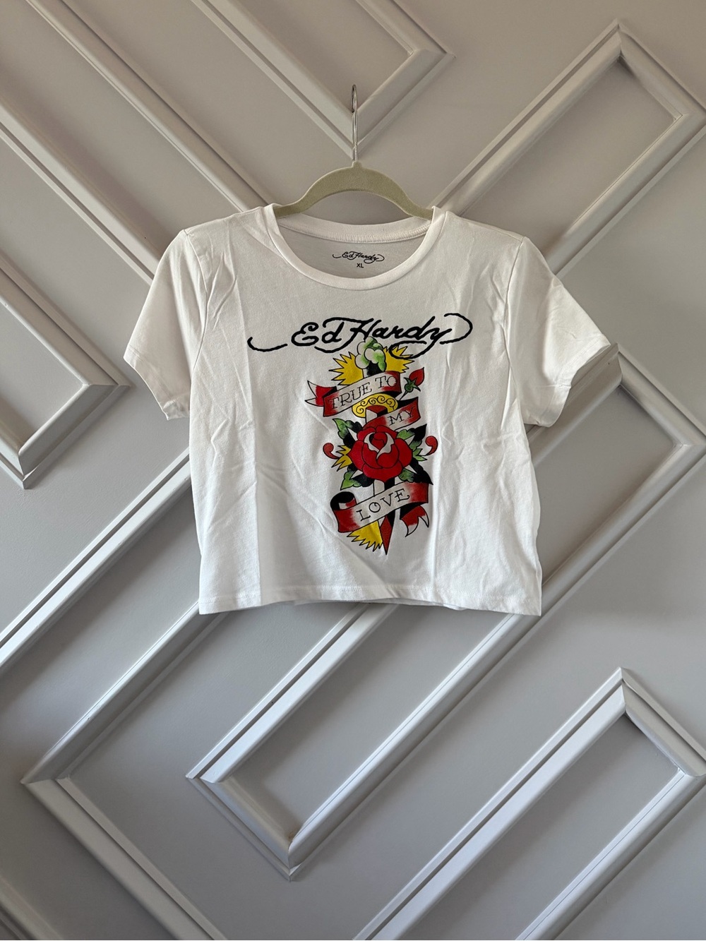 Ed Hardy White Crop Tee with Red Rose Tattoo Graphic